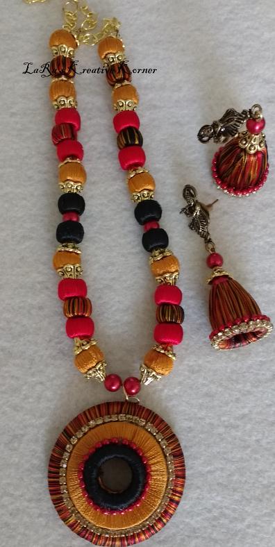 Red, Yellow & Black Silk Thread Wrapped Necklace Set