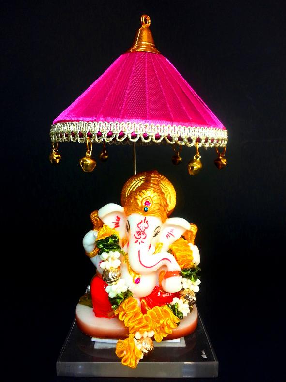 Acrylic Small Glow Ganesh Idol \w Umbrella 7" for Car, Mandir or as