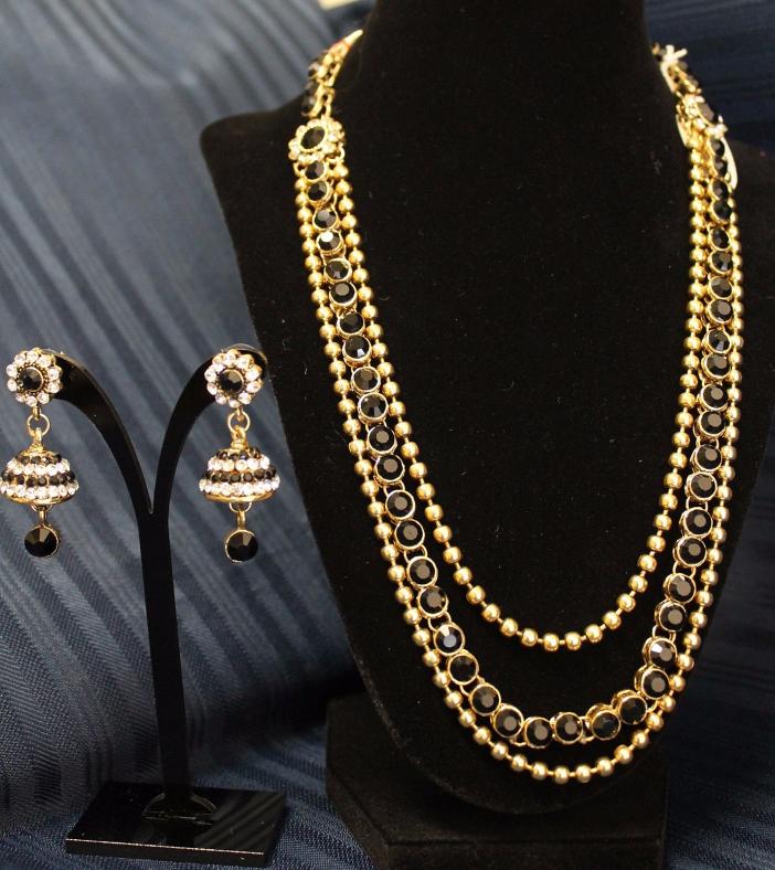 Long Haar Style Golden Black Polki Necklace \w Set Earrings Long Haar Style Golden Black Polki Necklace \w Set Earrings