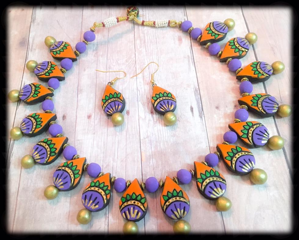 Handcrafted Purple & Orange Tear Drop Terracotta Set \w Earrings Handcrafted Purple & Orange Tear Drop Terracotta Set \w Earrings