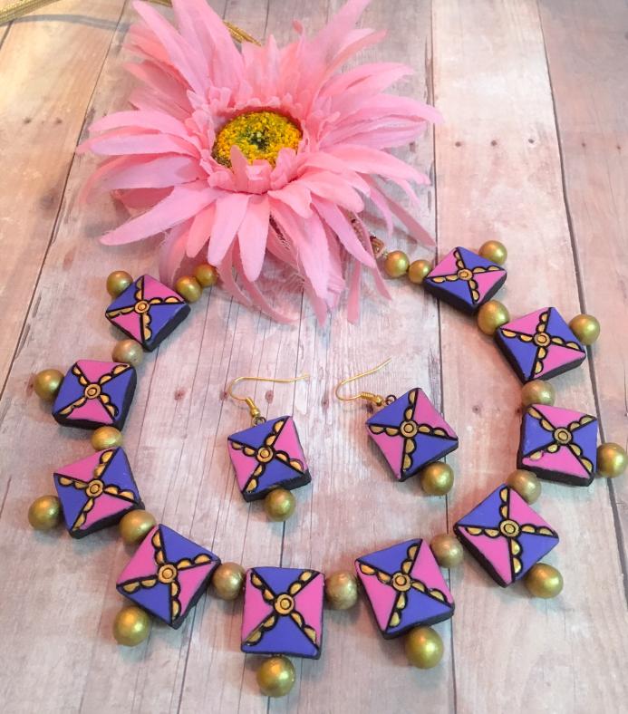Handmade Purple & Pink Square Terracotta Choker Set \w Earrings Handmade Purple & Pink Square Terracotta Choker Set \w Earrings