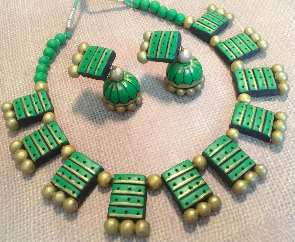 Green & Gold Handmade Square Choker Set \w medium Sized Jhumkas Green & Gold Handmade Square Choker Set \w medium Sized Jhumkas