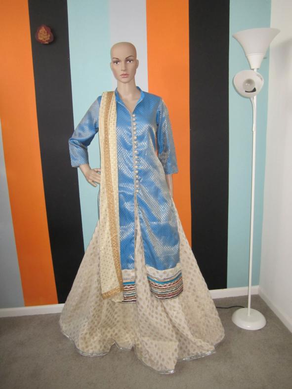 White and Gold Lehenga & Blue Long Silk Brocade Kurtha (Festival Discount ) White and Gold Lehenga & Blue Long Silk Brocade Kurtha (Festival Discount )