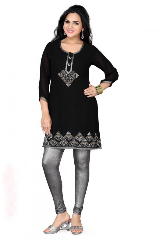 Black Stylish Party Georgette Kurti Tunic with Silver Sequins Size 40 Black Stylish Party Georgette Kurti Tunic with Silver Sequins Size 40