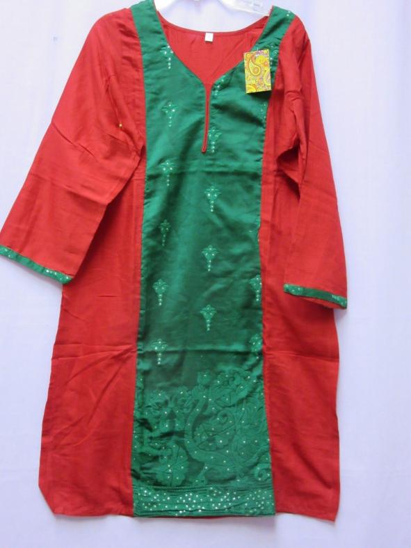 Red Green Cotton Ladies Kurti Tunic (M)