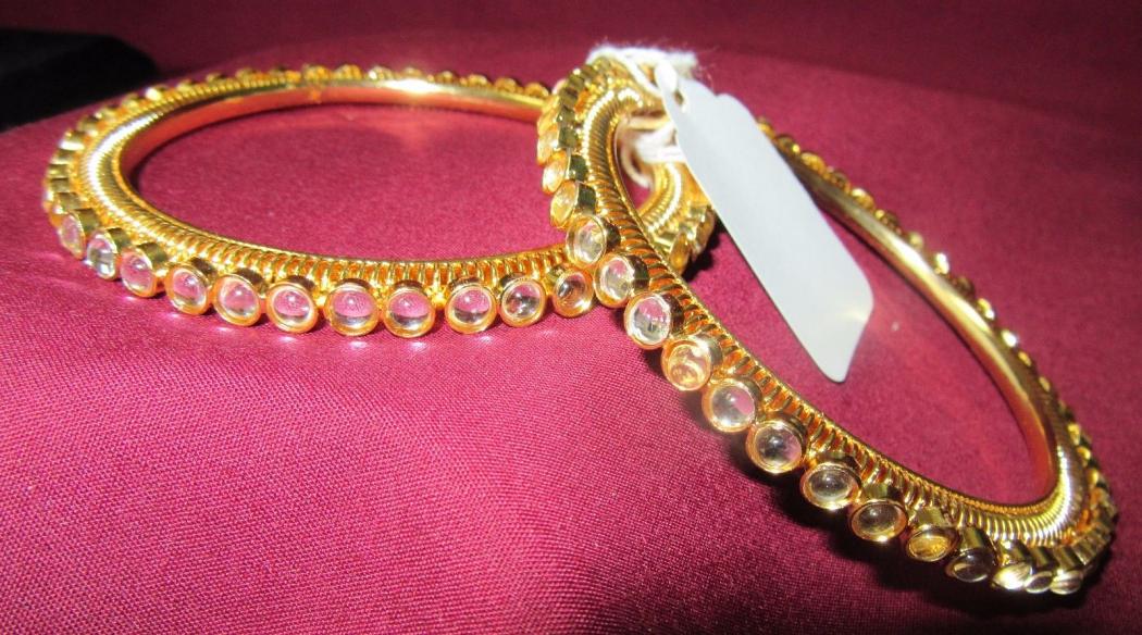 Pair of Golden Bangles w/ Lustrous CZ Crystal Zircon Stones 2.8 #7305