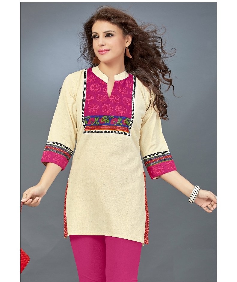 Pretty Pink Floral Print on Cream Beige Short Cotton Kurti Tunic Size 40 Pretty Pink Floral Print on Cream Beige Short Cotton Kurti Tunic Size 40