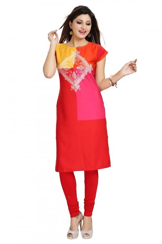 Heart Warming Harlequin Red Bright Poly Crepe Tunic Kurti S-L Heart Warming Harlequin Red Bright Poly Crepe Tunic Kurti S-L