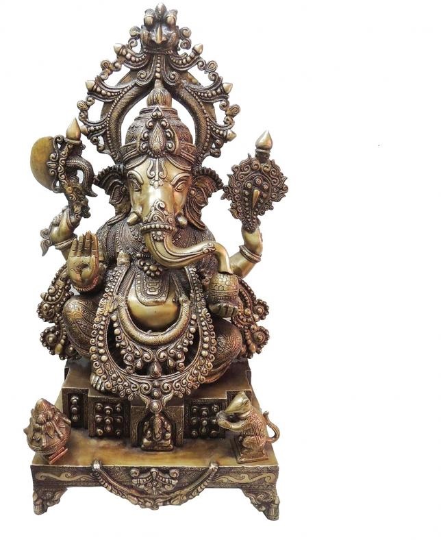 Solid Brass Metal Intricately Carved Large Ganesha Statue 27" 