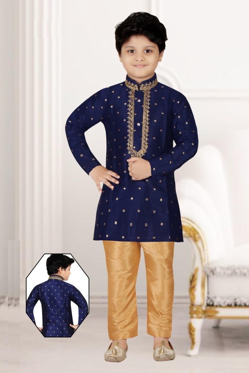 Navy Blue Raw Silk Kurta Pajama With Gold Butti w/ Embroidery Navy Blue Raw Silk Kurta Pajama With Gold Butti w/ Embroidery