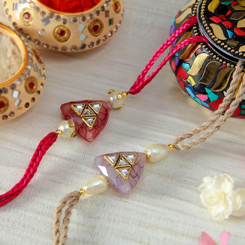 Elegant Set of 2 Semi Precious Stone w/ Kundan Work Rakhi