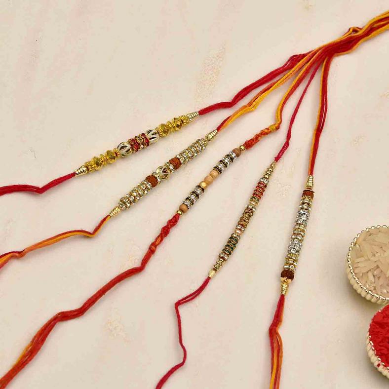 Five Rudraksh & Metal Rakhi Threads