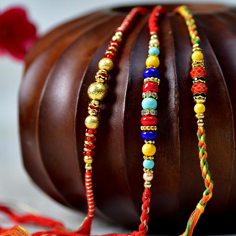Multicolored Set of 3 Beaded Rakhi