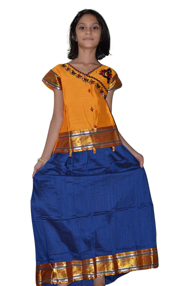 Festive Orange Color Pattu Langa for Children | DesiClik.com, USA