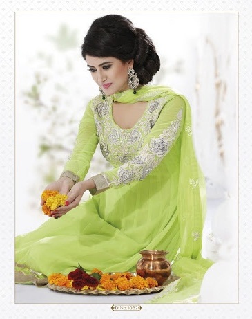 Lime Green Anarkali Dress With Silver Embroidery, INDIAN DRESS #19749 |  DesiClik.com, USA