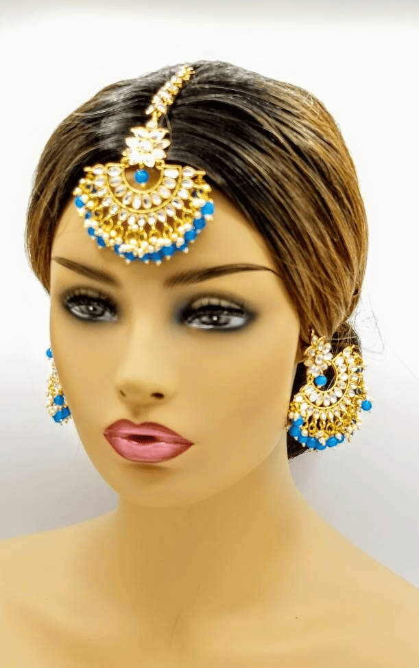 Traditional Design Kundan Earrings & Mang Tikka set Blue Traditional Design Kundan Earrings & Mang Tikka set Blue