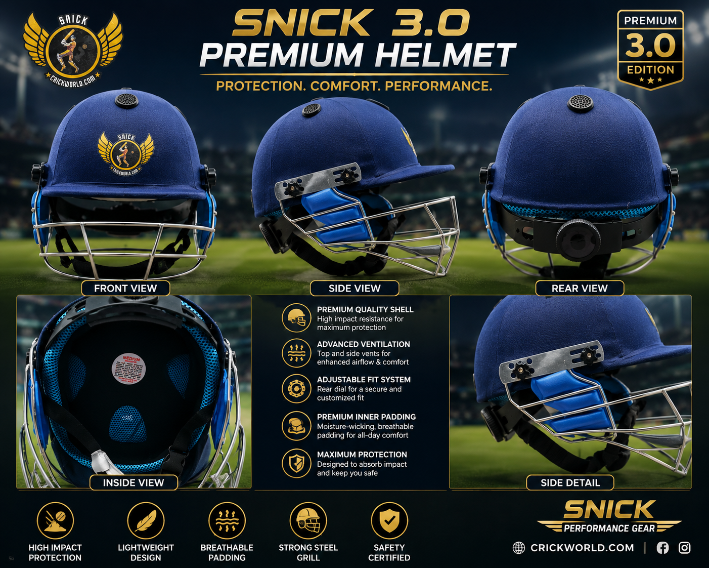 SNICK 3.0 Cricket Premium Helmet for Junior xs, small