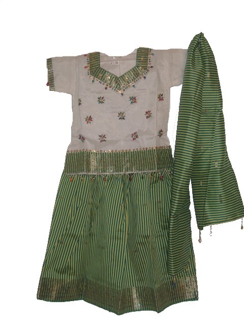 Traditional Cream & Green Pattu Langa Dress For Kids Traditional Cream & Green Pattu Langa Dress For Kids