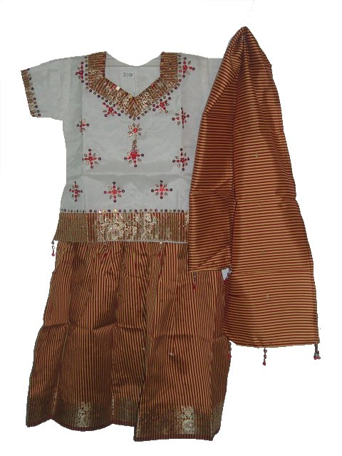 Indian Pattu Pavadai Blouse Dress For Kids In Cream & Gold