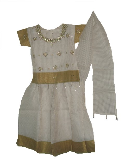 Traditional South Indian Lehenga Choli For Kids, Cream Pavada Traditional South Indian Lehenga Choli For Kids, Cream Pavada