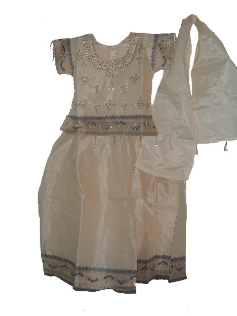 Kids South Indian Lehenga Choli, Beige Pattu Blouse Dress