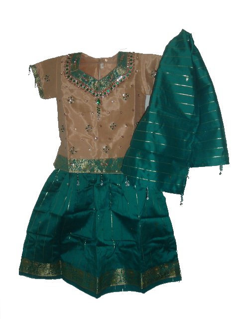 Girls Pattu Langa Dress With Tan Sattai & Green Langa Girls Pattu Langa Dress With Tan Sattai & Green Langa
