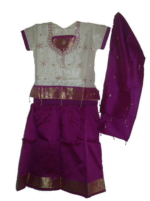 Pattu Pavada Dress For Girls In Cream & Purple Color