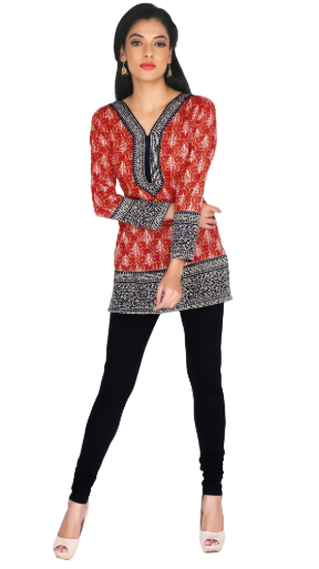Red Crepe Traditional Print Full Sleeve Short Tunic Kurti S - 4XL