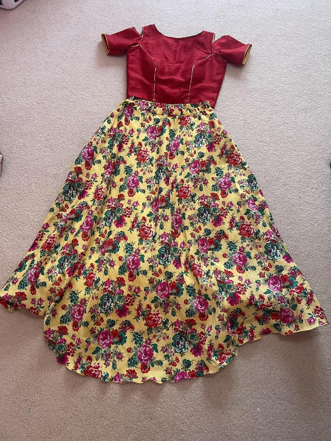 Red Yellow Lehenga Choli with Carnation Rose Pattern (L)