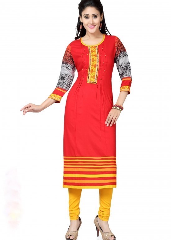 Designer Red Rayon Kurti with Embroidery and Yellow Beads - Size 40, 42 ...