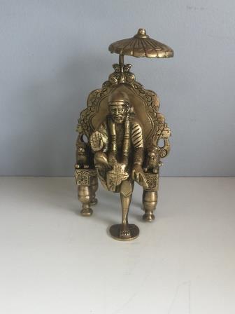 Brass Sai Baba on Sinhasan With Umbrella  Statue No. 2