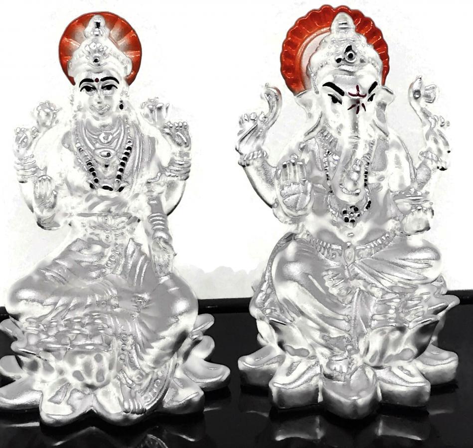 Ganesh & Lakshmi / Laxmi Pure Silver (99.5%) Idol/Statue/Murti(#20)