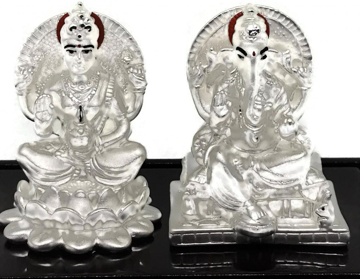 Ganesh & Lakshmi / Laxmi Pure Silver (99.5%) Idol/Statue/Murti(#19)