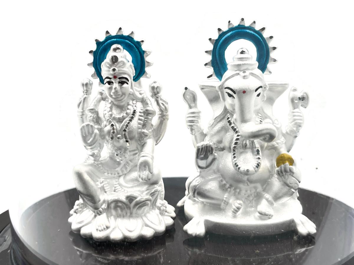 Intricate Design 999 Pure Silver Ganesh & Lakshmi Statue (#04)