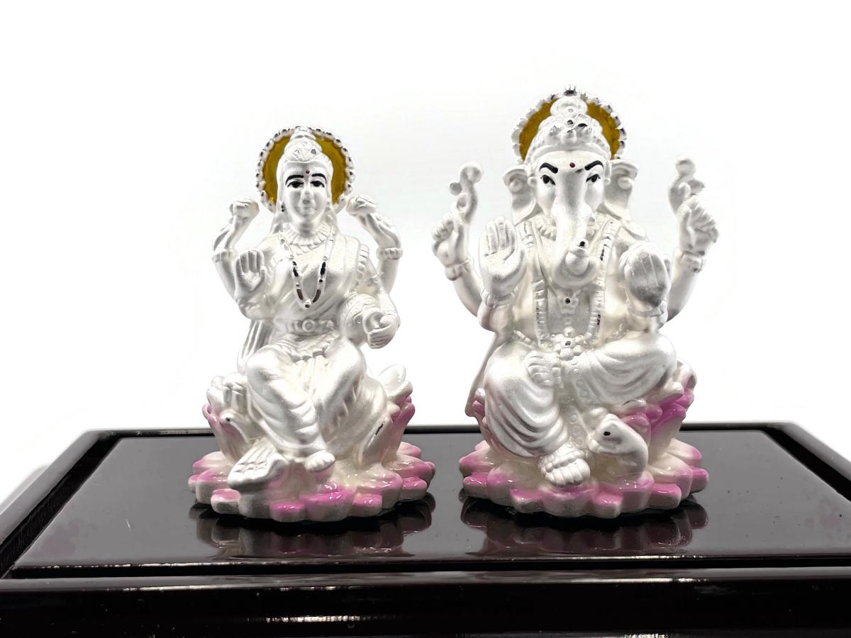 Carved 999 Pure Silver Ganesh & Lakshmi Statue / Murti (#13)