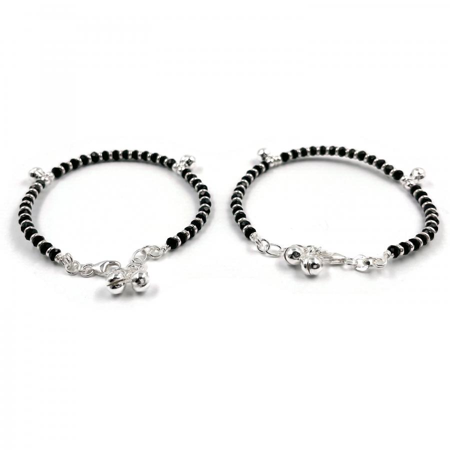 925 Sterling Silver Kids Najariya (Black Beads) Anklet - Style#13