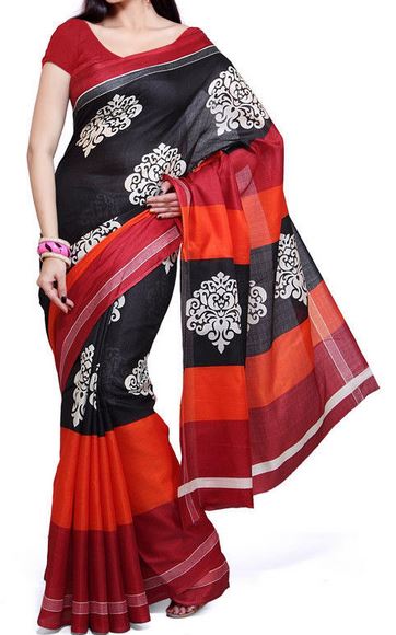 Elegant Black, Red & Orange Bhagalpuri Silk Designer Saree