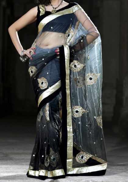 Designer Black & Grey Shaded Saree with Gold Trim