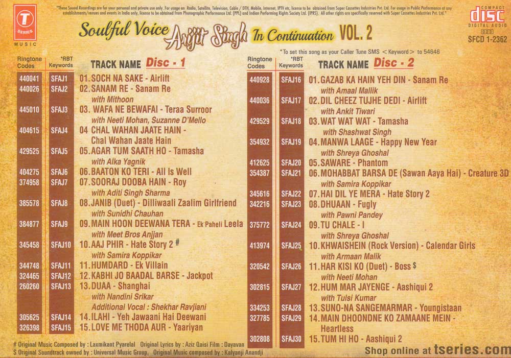 Soulful Voice Arijit Singh In Continuation Vol. 2 Hindi CD (Set of 2 ACDs) 