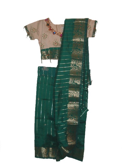 Quick & Easy To Wear Cream & Green Ready-made Saree For Children Quick & Easy To Wear Cream & Green Ready-made Saree For Children
