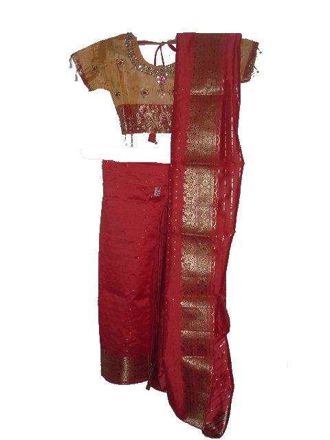 Ready-made Saree Blouse Outfit, Kids Tan & Pink Silk Saree
