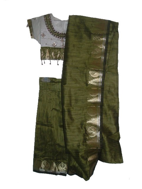 Saree Blouse Outfit For Teens & Kids In Olive Green Silk Saree Blouse Outfit For Teens & Kids In Olive Green Silk