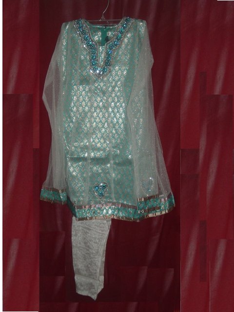 Kids Net Churidar Kurta Indian Dress In Blue & Cream Kids Net Churidar Kurta Indian Dress In Blue & Cream