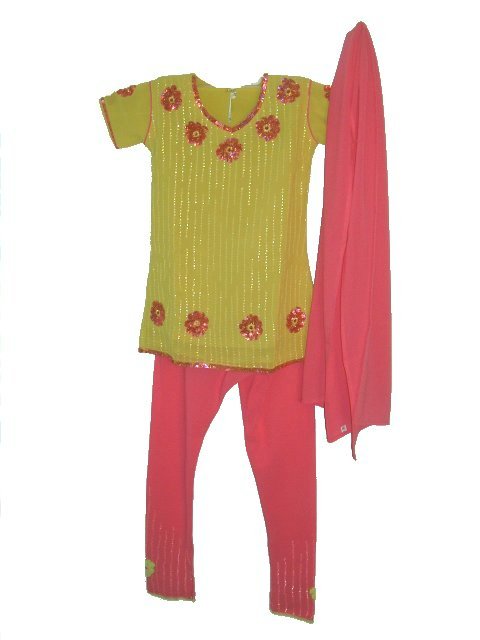 Churidar Kurta For Kids In Green & Pink W/ Sequin Work Churidar Kurta For Kids In Green & Pink W/ Sequin Work