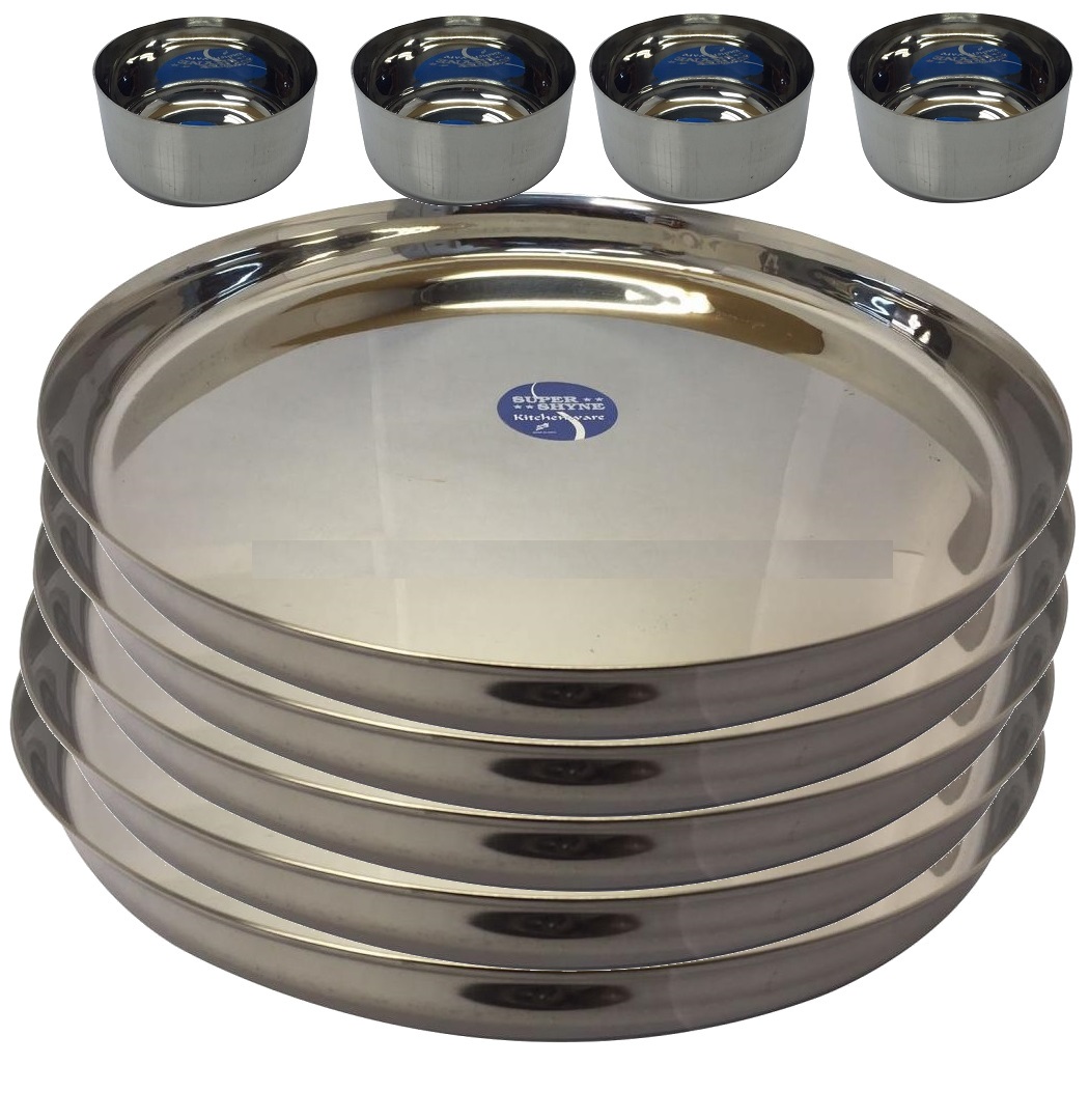 18 Pcs Set Stainless Steel Dinner Set of Plates & Bowl Katori Vadki|Kitchen Tool 