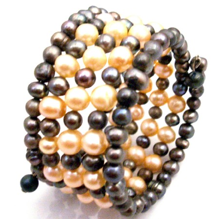 Peach Black Freshwater Pearls Five Stranded Bangle Bracelet Jewelry Peach Black Freshwater Pearls Five Stranded Bangle Bracelet Jewelry