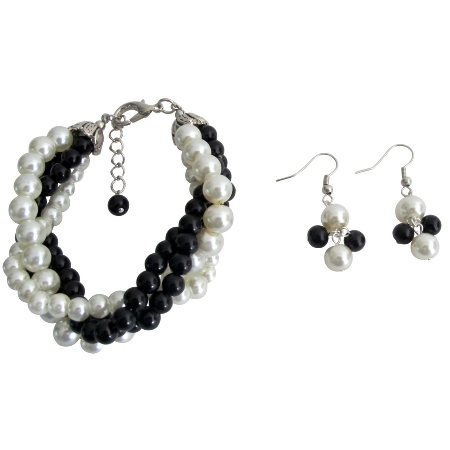 Twisted Cluster 4 Strand Bracelet & Earrings Black Ivory Pearl Bracelet 