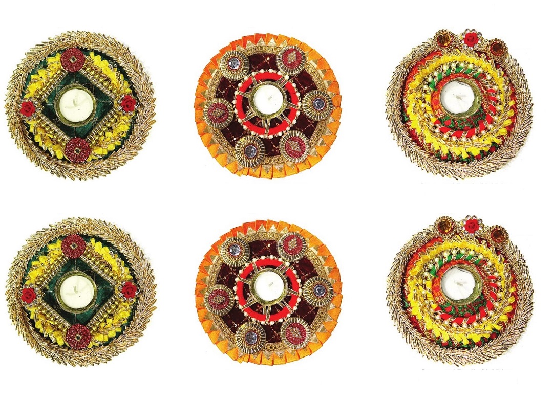6 Pcs Fancy Decorated Tea Light Diya Rangoli / Diwali Return Gift