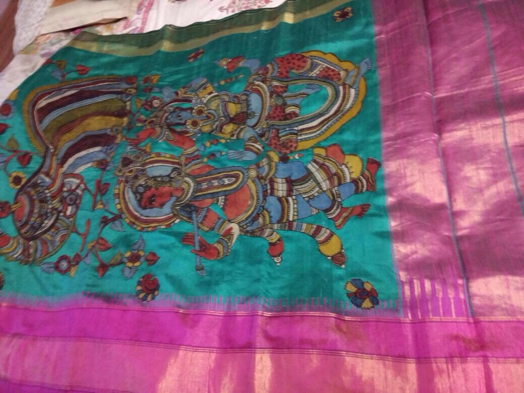 Radha Krishna Printed Fuchsia Kalamkari Silk saree