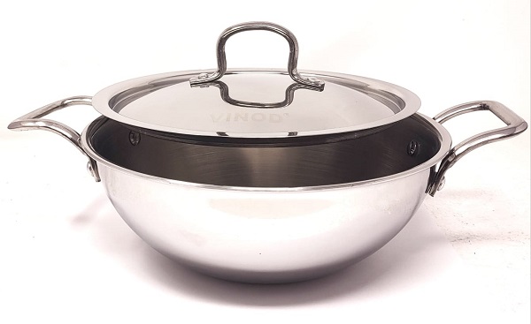 Vinod Platinum Triply Stainless Steel Extra Deep Kadai W Lid -22cm 2.4ltrs